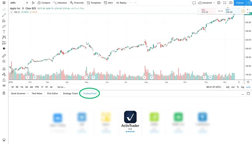 เข้าสู่ระบบ TradingView. ใน "มุมมองกราฟเต็ม" ให้กดแท็บ "แผงการซื้อขาย" ที่ด้านล่างของหน้า. เลือก "ActivTrades" จากรายการ.